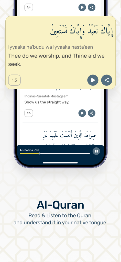 Hilal: TV-Content, Athan-Qibla - Mobile app screen showing the Al-Quran feature with Arabic verses and English translations
