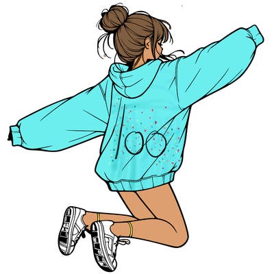 realistic girl jumping with a bun and oversized sweatshirt