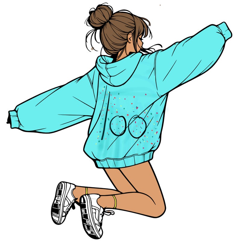 realistic girl jumping with a bun and oversized sweatshirt