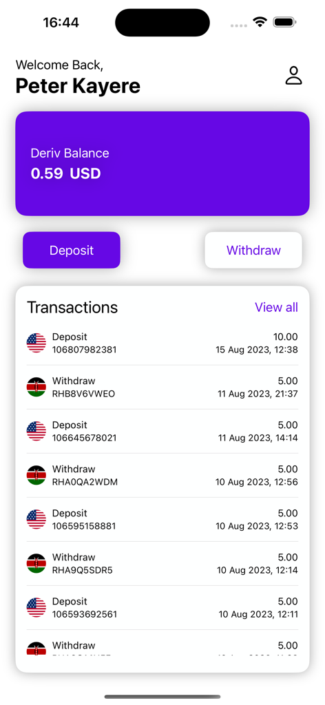 D-CASH - D-CASH app interface showing Deriv balance and transaction history