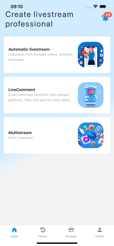 GoStream - Livestream - Mobile dashboard of GoStream app showing options for automatic livestream, live comment management, and multi-platform streaming.