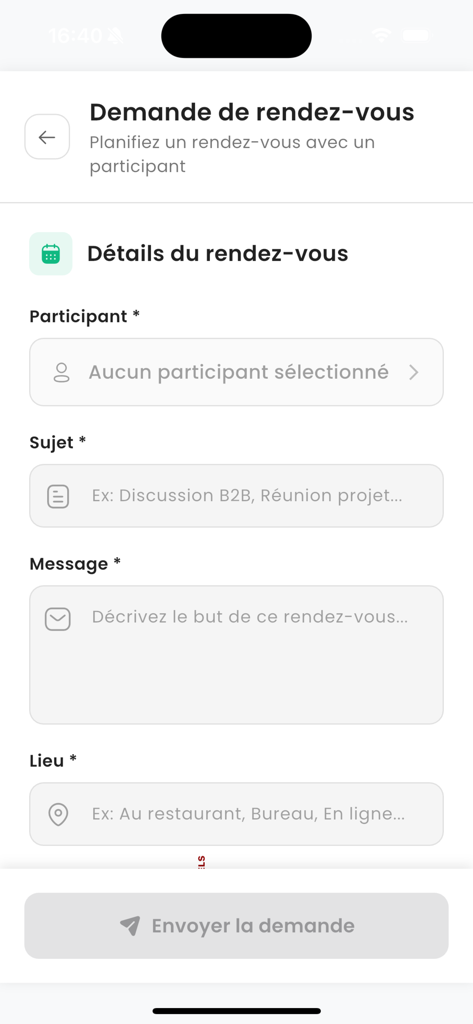A screen from the FANAF 2026 networking app showing a form to request a meeting with a participant.