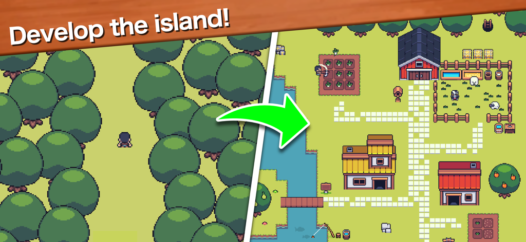 Mini Mini Farm - Uma comparação antes e depois de uma floresta em pixel art sendo transformada em uma fazenda próspera com edifícios e gado