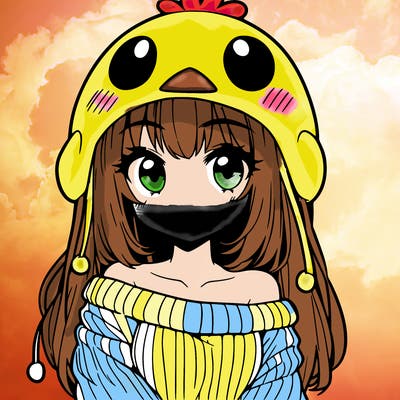 anime girl with chick shaped hat with sweater with bare shoulders with bangs covering them one eye with low tail