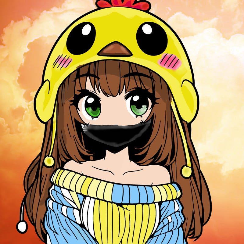 anime girl with chick shaped hat with sweater with bare shoulders with bangs covering them one eye with low tail