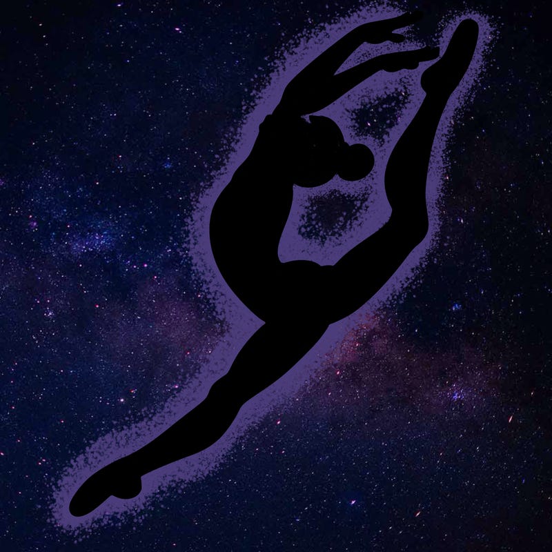 gymnast doing a leap in a leotard with a bent back leg