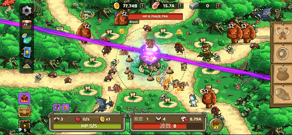 Rush Defense: idle TD - Gameplay of Rush Defense idle TD featuring a purple magic beam attacking monster hordes.