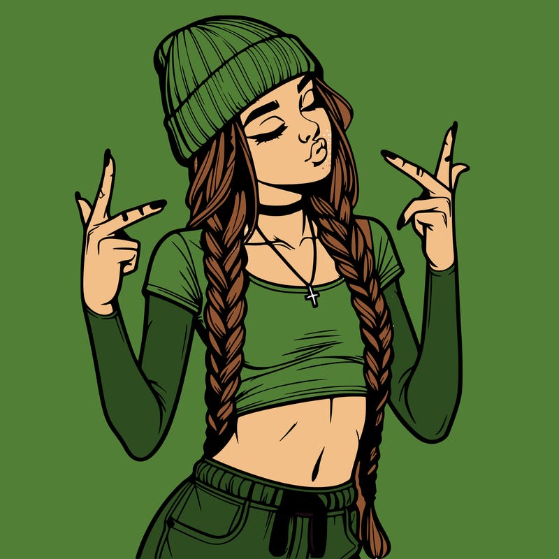 realistic teenage girl with braids and a beanie and crop top doing 🫶🏼