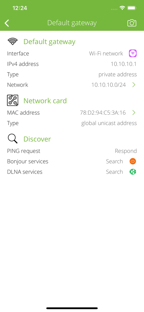 Torrent Detector - Network default gateway and MAC address details in the Torrent Detector app interface