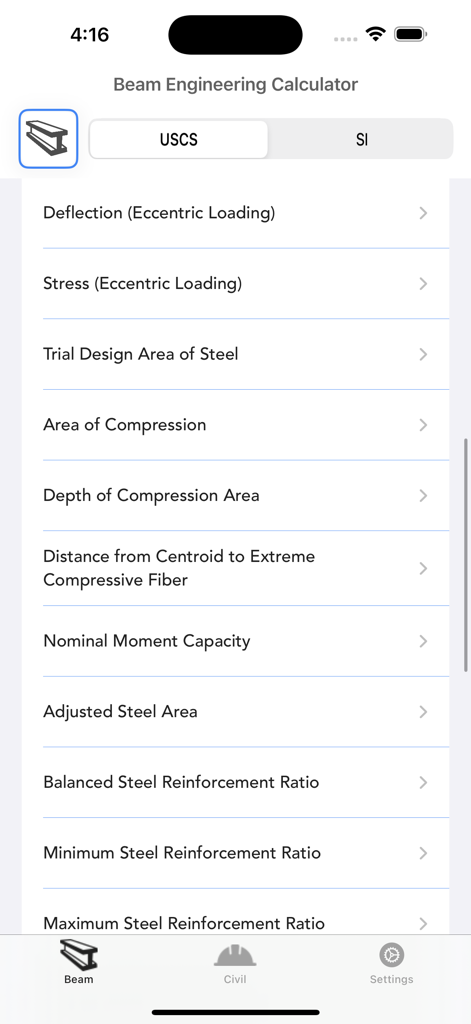 Pantalla principal de la aplicación Calculadora de Vigas que muestra una lista de opciones de cálculo de ingeniería estructural para refuerzo y compresión.