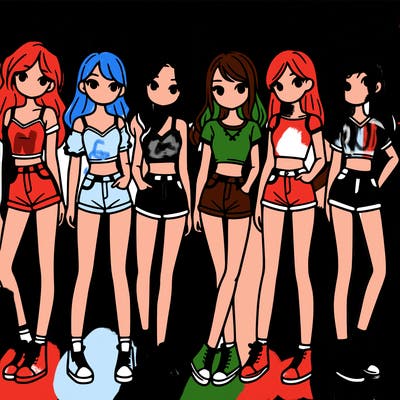 a group of girls wearing crop tops and shorts