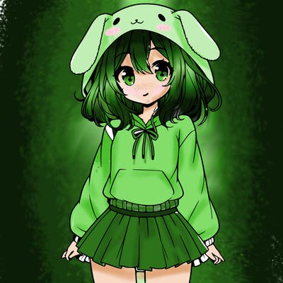 pretty anime girl wearing a fluffy hoodie with bunny ears on the hood and a skirt