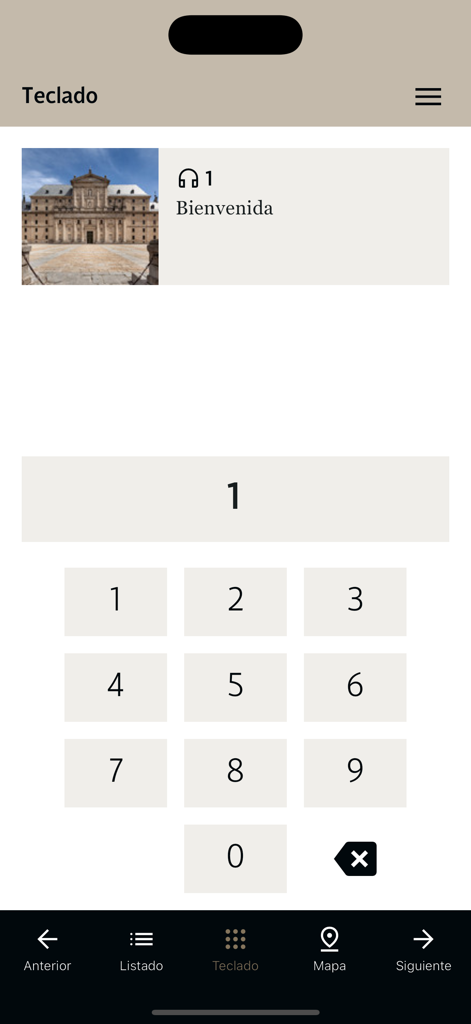 Teclado numérico para a aplicação oficial de audioguia do Mosteiro do Escorial