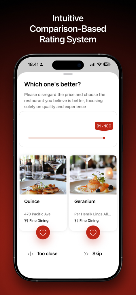Screenshot der Vota-App, der einen direkten Vergleich zwischen zwei gehobenen Restaurants zur Stimmabgabe für Benutzer zeigt