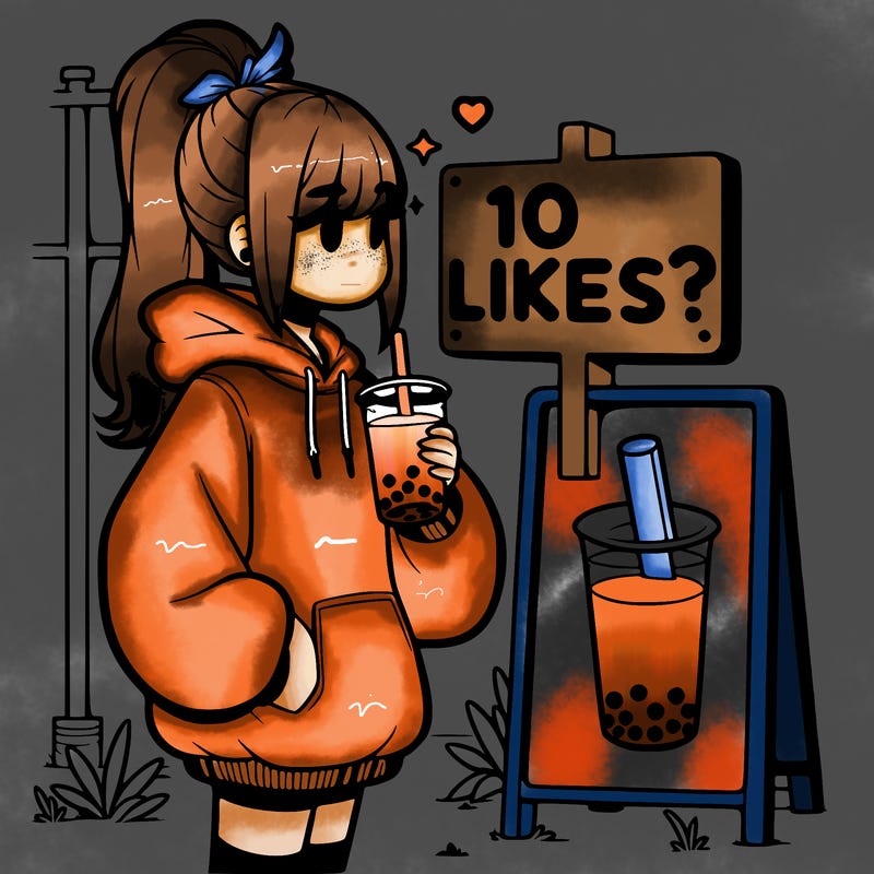 girl with oversized hoodie drinking boba and she has a high ponytail with a sign that says 10likes?