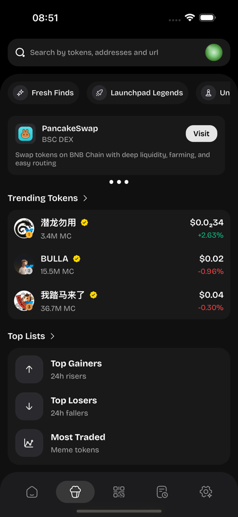Celia Wallet - Interface of Celia Wallet displaying trending tokens and market lists.