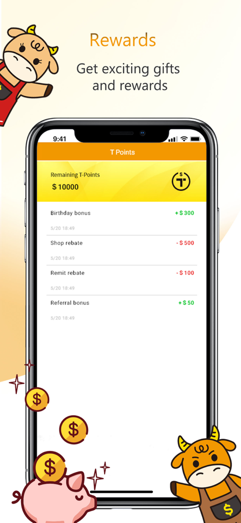 User interface of the SET money transfer app showing the T-points rewards page with bonus and rebate history.