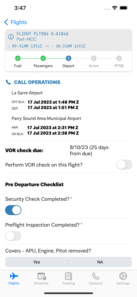 Mobile app interface showing a flight pre-departure checklist for aviation crew including security and inspection status