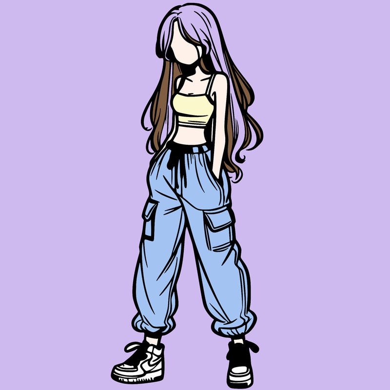 girl in baggy pants crop top and long hair