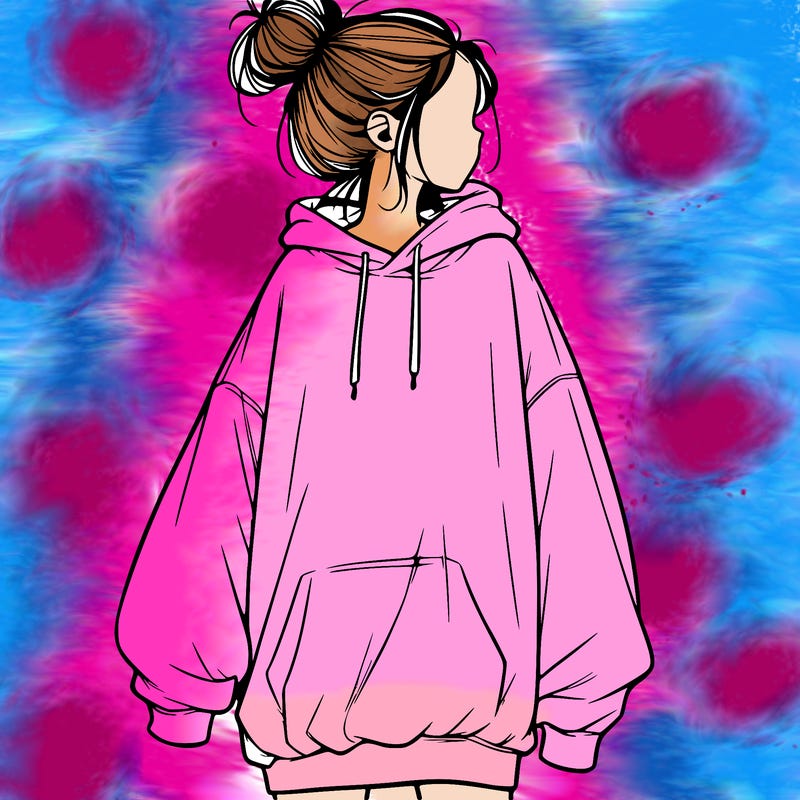 realistic girl with a oversized sweatshirt on and a bun