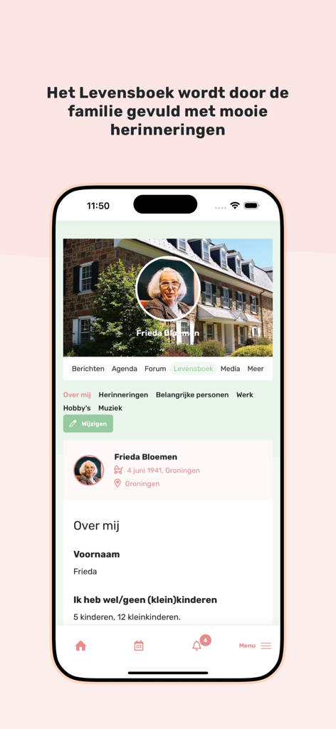 Familynet - A senior's personal Life Book profile on the Familynet app showing photos and family history.