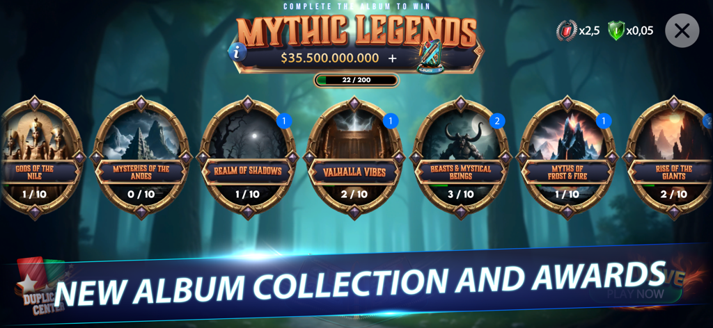 Interfaz del juego Rest Poker que muestra la colección del álbum Leyendas Míticas con varios temas míticos y recompensas de monedas.