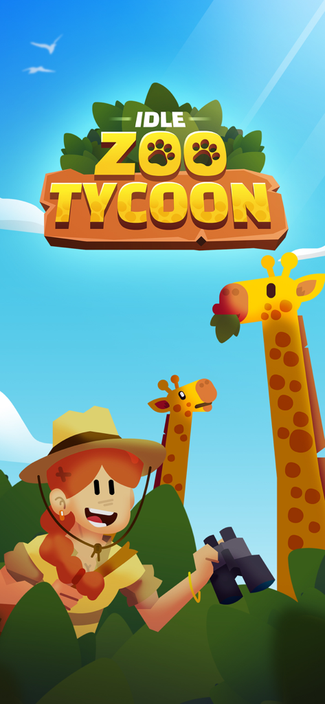 Idle Zoo Tycoon 3D - Pantalla de inicio de Idle Zoo Tycoon 3D con un cuidador de zoológico y jirafas