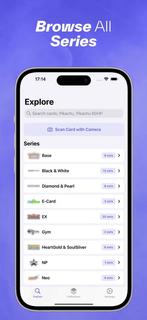TCG Card Scanner - Tela do aplicativo TCG Card Scanner mostrando várias séries e coleções de cartas Pokemon para explorar