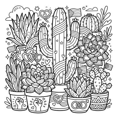 Immerse yourself in a festive celebration of diversity with this unique coloring page featuring charming cacti and succulents adorned with Pride symbols. Express your creativity while honoring love and community with every stroke of color.