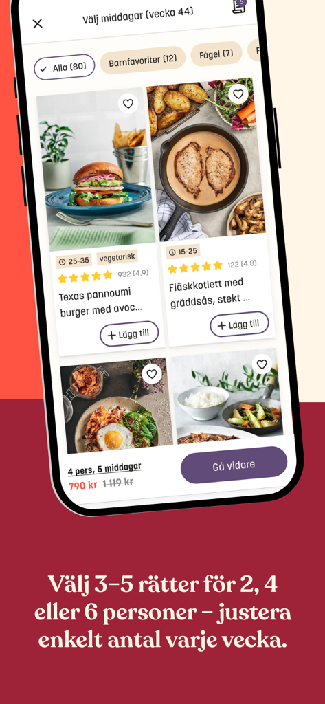 Linas Matkasse - A mobile app interface for Linas Matkasse showing a variety of recipe options to choose from including a burger and a pork dish.