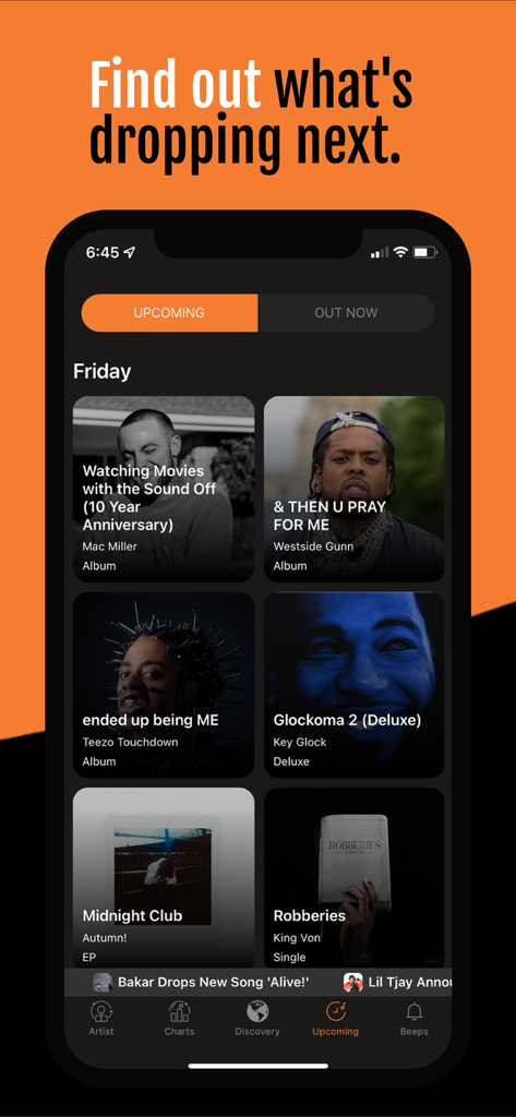 BEEPR app screenshot showing the upcoming music releases screen with a list of artist albums and singles dropping soon.