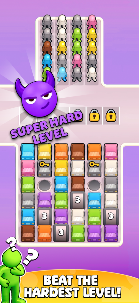 Park Match! - Park Match mobile game screenshot showing a super hard puzzle level with colorful cars and characters