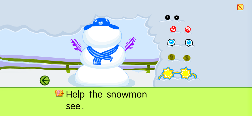 Starfall Snowman - Actividad interactiva de construcción de muñecos de nieve donde los niños eligen diferentes ojos para ayudar al muñeco de nieve a ver.