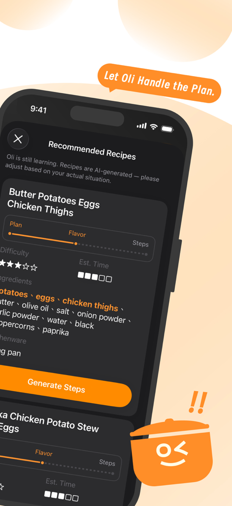 Smartphone screen showing the Cookidea app interface with AI generated recipe recommendations including ingredients for butter potatoes and chicken thighs.