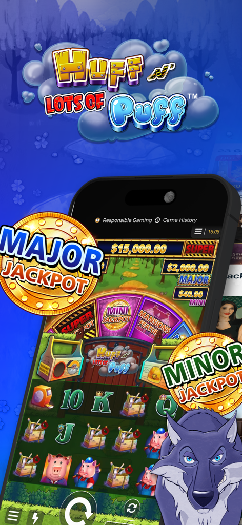 Application mobile de casino Play Gun Lake présentant la machine à sous Huff N Puff avec des jackpots majeurs et mineurs