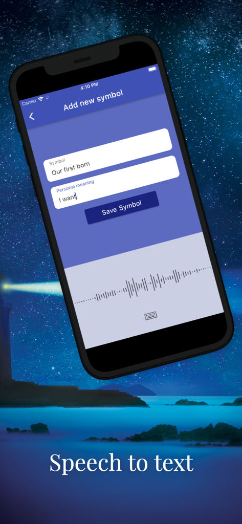 Dream Keys - Interfaz de la aplicación Dream Keys que muestra la función de voz a texto para grabar y guardar un símbolo de sueño personal.