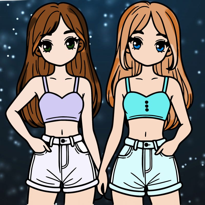 two sisters with crop tops and jean shorts and straight hair
