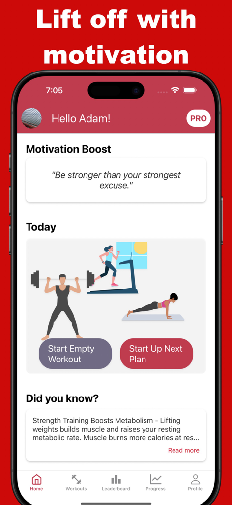 Gym Rank 앱 홈 화면, 동기 부여 인용문, 운동 계획 및 건강 팁 표시