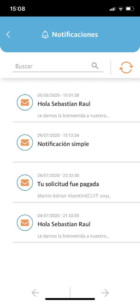 BNA+ - BNA plusモバイルアプリの通知画面、最近のメッセージと支払いアラートのリストを表示