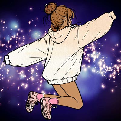 realistic girl jumping with a bun and oversized sweatshirt