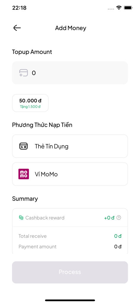 iGourmet app wallet top up screen with payment options