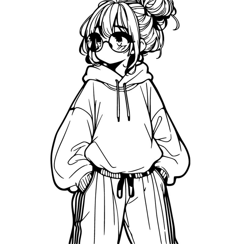 manga girl with a messy bun oversized sweatshirt glasses and baggy pants