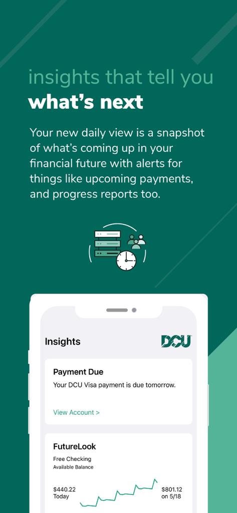 DCU Digital Banking - Smartphone screen displaying the DCU Digital Banking app insights feature with a payment reminder and balance forecast