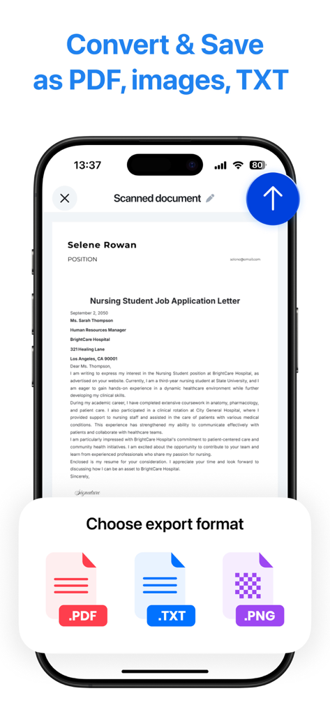 PDF Scanner - Scan & Convert - iPhone screen displaying export options for PDF TXT and PNG formats for a scanned document