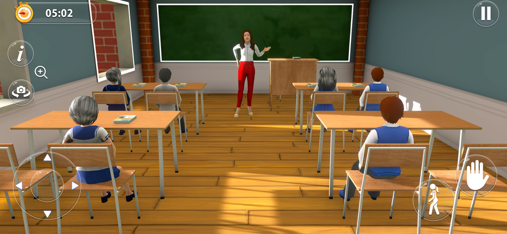 애니메이션 소녀 학교 연애 시뮬레이터 게임의 3D 교실 장면, 책상에 앉아 있는 학생들과 선생님을 보여줌