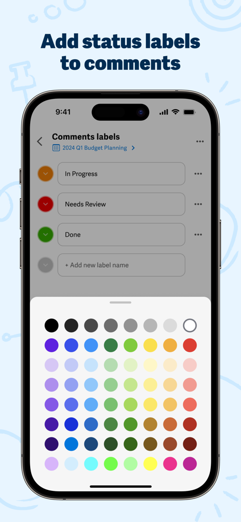 Workiva - Schermata di un telefono cellulare che mostra l'interfaccia dell'app Workiva per l'aggiunta di etichette di stato colorate ai commenti del documento