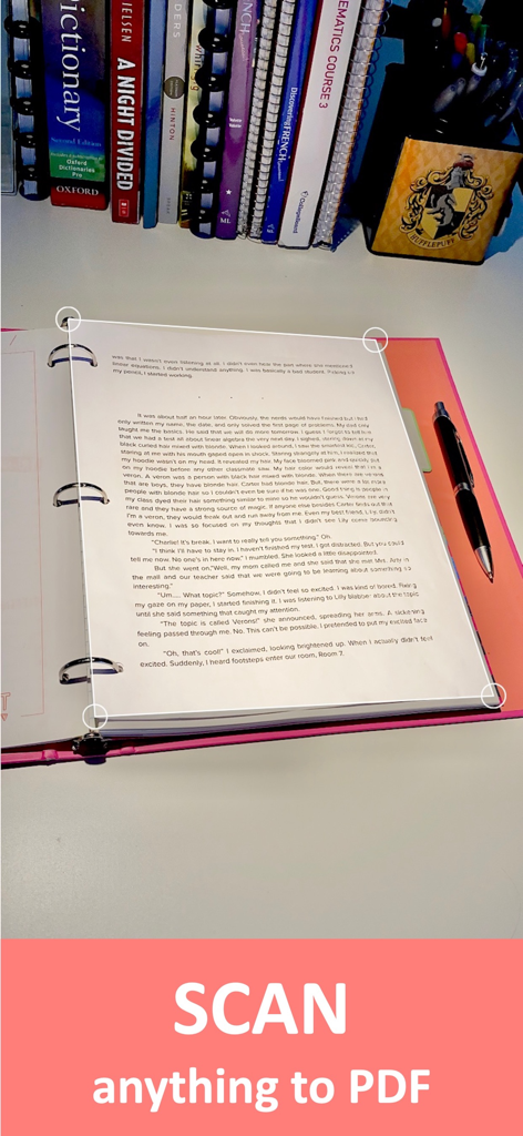 Mobile app interface scanning a printed page to create a PDF.