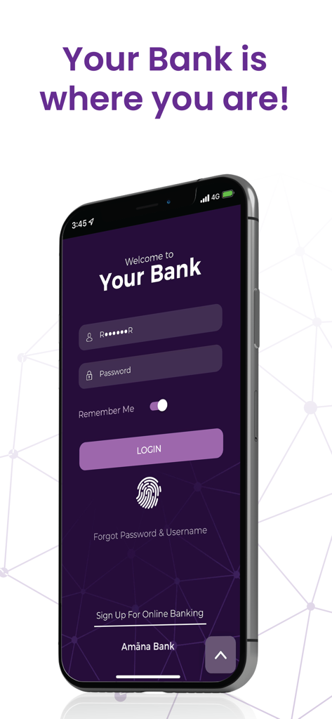 Amãna Bank - Amana Bank mobile banking login screen featuring biometric fingerprint authentication