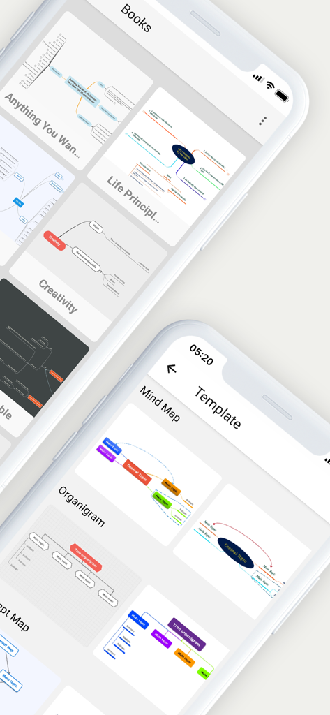 Two smartphones displaying Mindomo app with a library of mind maps and various diagram templates
