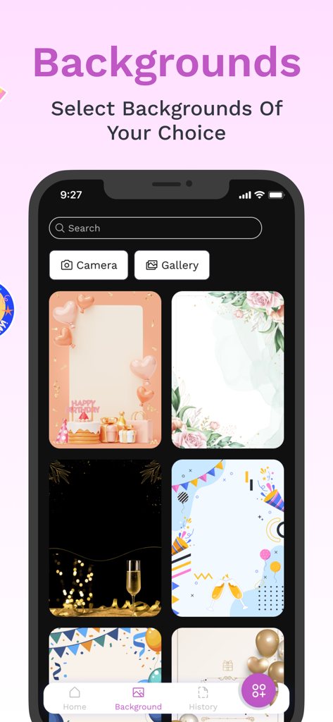Party Invitation Cards Maker + - Écran d'application mobile montrant une variété de modèles d'arrière-plan d'invitation pour les anniversaires et les célébrations.